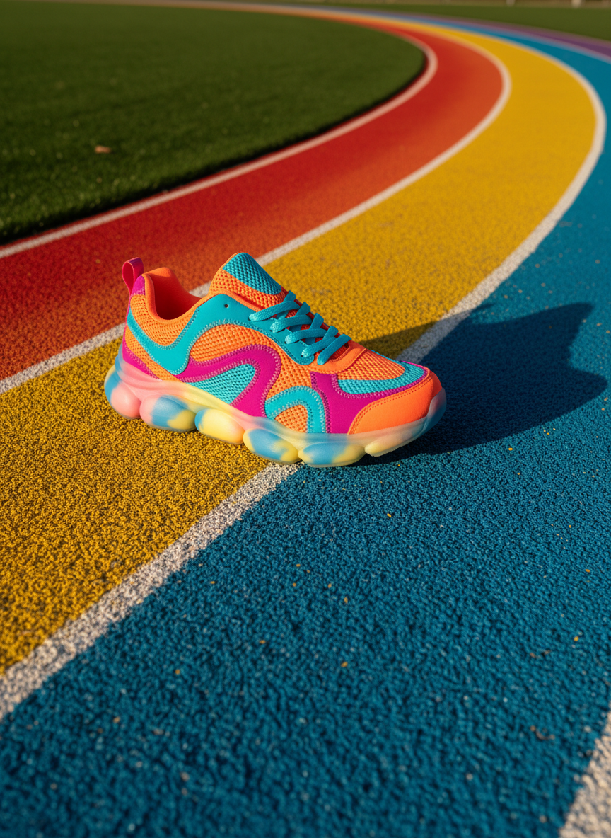 A bright, color-blocked running shoe with plush, rounded soles—featuring a patchwork of neon orange, cyan, and magenta mesh—sits atop a rainbow-striped track bordered by lush, emerald synthetic turf. The scene is drenched in direct, golden hour sunlight, highlighting the shoe’s textured mesh and accentuating the rich, saturated hues. Shadows are delightfully soft and elongated toward the lens, creating an energetic yet relaxed vibe. Captured from a low, front-facing perspective with a wide-angle lens that amplifies the shoe’s playful proportions, the image is composed with asymmetrical balance to convey dynamic movement, supporting a photographic, whimsical style for this vibrant travel and sports blog.