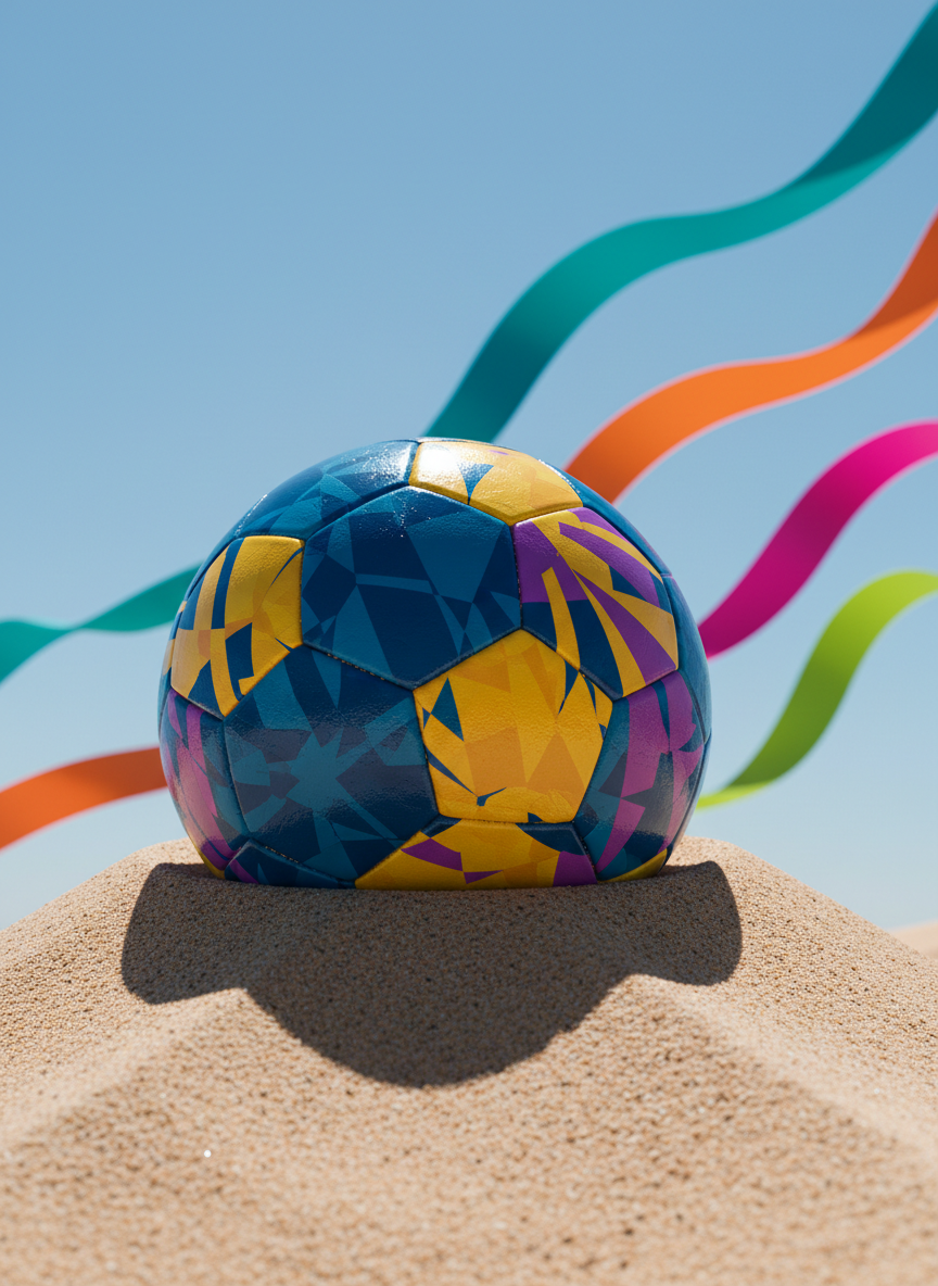 A radiant, glossy soccer ball with a unique mosaic pattern of vivid blues, sunny yellows, and electric purples is partially embedded in a soft, artfully sculpted sand mound, set against a whimsical backdrop of curving, brightly colored banners fluttering gently. The scene glows under a bright, midday sun, with crisp, defined shadows highlighting the ball’s rounded form and intricate textures while uplifting the composition. Captured at a dramatic low angle to make the ball appear monumental, this photographic image adopts the rule of thirds for visual balance, exuding a sense of fun and energy aligned with the site’s playful, colorful travel-and-sports vibe.