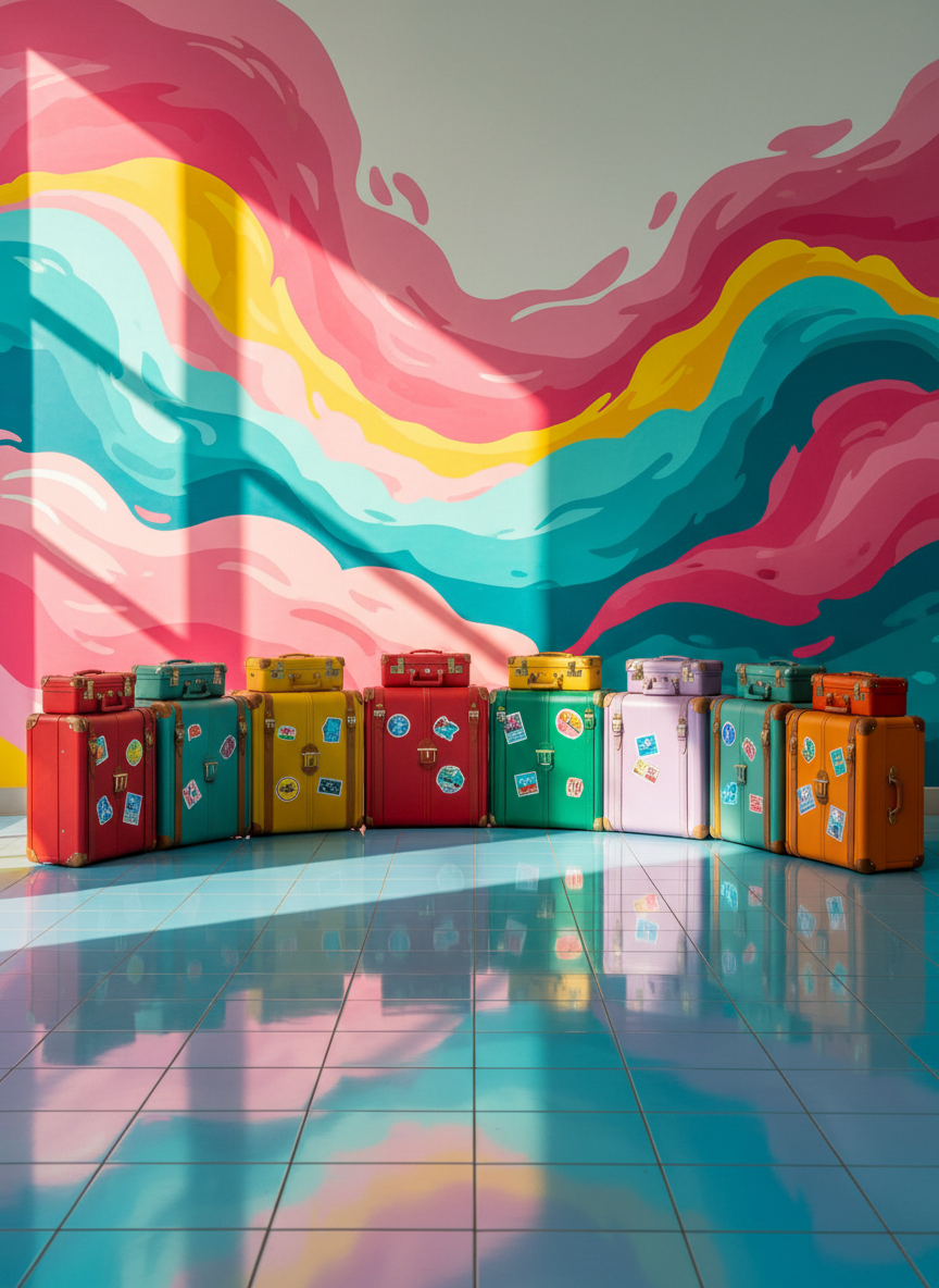 A vibrant collection of vintage-inspired, multicolored suitcases arranged playfully in a curved arc on a glossy, sky-blue tiled floor. Behind them, an abstract mural of swirling pinks, yellows, and turquoise crests a whimsical travel-themed backdrop, invoking the spirit of joyful adventures. Natural daylight streams through high, unseen windows, causing the suitcase surfaces to gleam, and casting softly rounded shadows that emphasize their forms. The mood is uplifting and energetic, capturing the excitement of beginning a journey. Photographed at a slightly elevated angle, this photographic realism image uses a centered composition with a crisp depth of field to keep every suitcase sharply in focus, aligning with the blog’s playful, colorful theme.