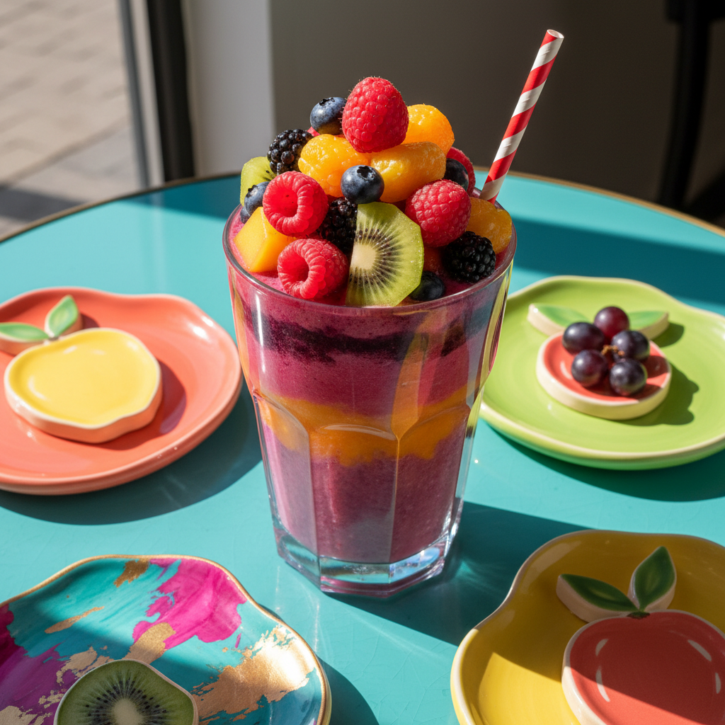 A glistening, oversized fruit smoothie glass with a twisted, striped straw and layered vibrant colors—pinks, purples, bright oranges—overflowing with whimsical, perfectly rounded fruit pieces. The smoothie sits atop a glossy, turquoise café table, surrounded by organic shapes of colorful ceramic plates and abstract, playful coasters. Daylight streams through a nearby window, casting dramatic yet gentle highlights on the glass and fruit, and creating soft shadows that round out each object. The mood is celebratory and healthful, and the photographic composition uses a high, top-down view with sharp focus throughout, matching the blog’s cheerful, energizing aesthetic and health journey angle.